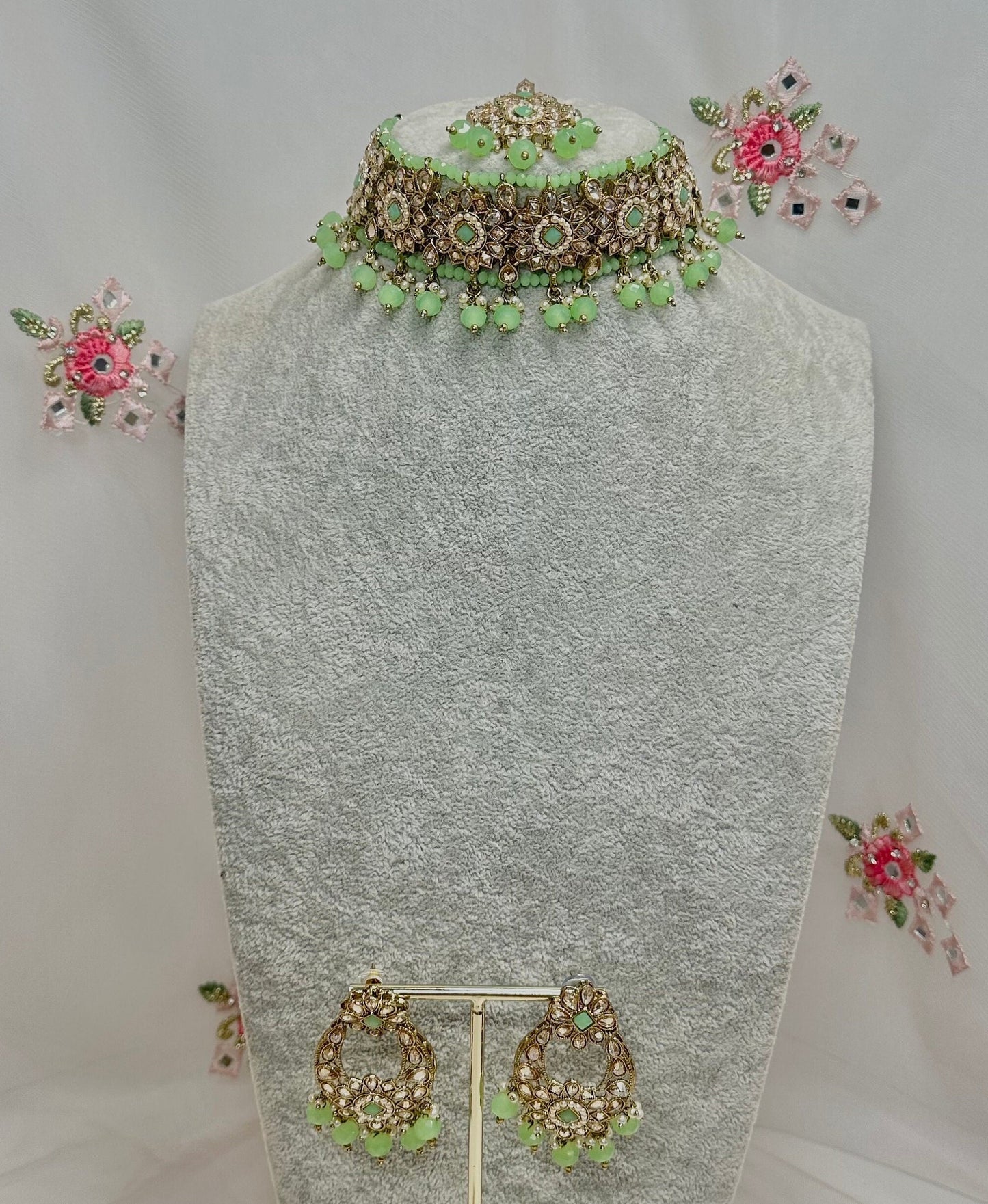 Crystal Choker Set - Mint Earring/ Tikka/ Tikli/ Indian/ Pakistani/Fashion Jewellery/ Gift for Women