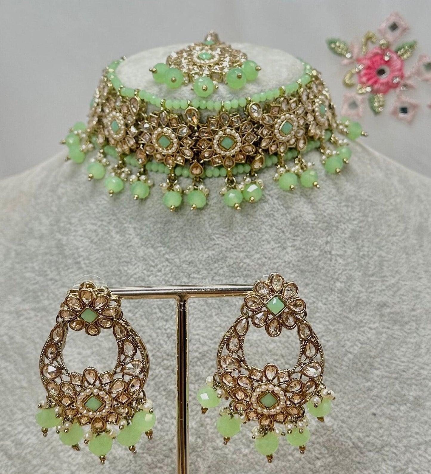 Crystal Choker Set - Mint Earring/ Tikka/ Tikli/ Indian/ Pakistani/Fashion Jewellery/ Gift for Women
