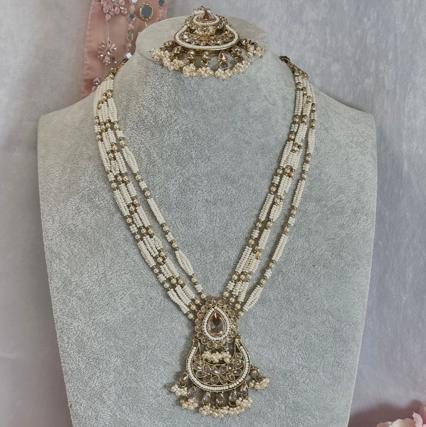 Champagne Short Mala Necklace Set Earring/ Tikka/ Tikli/ Indian/ Pakistani/Fashion Jewellery/ Gift for Women