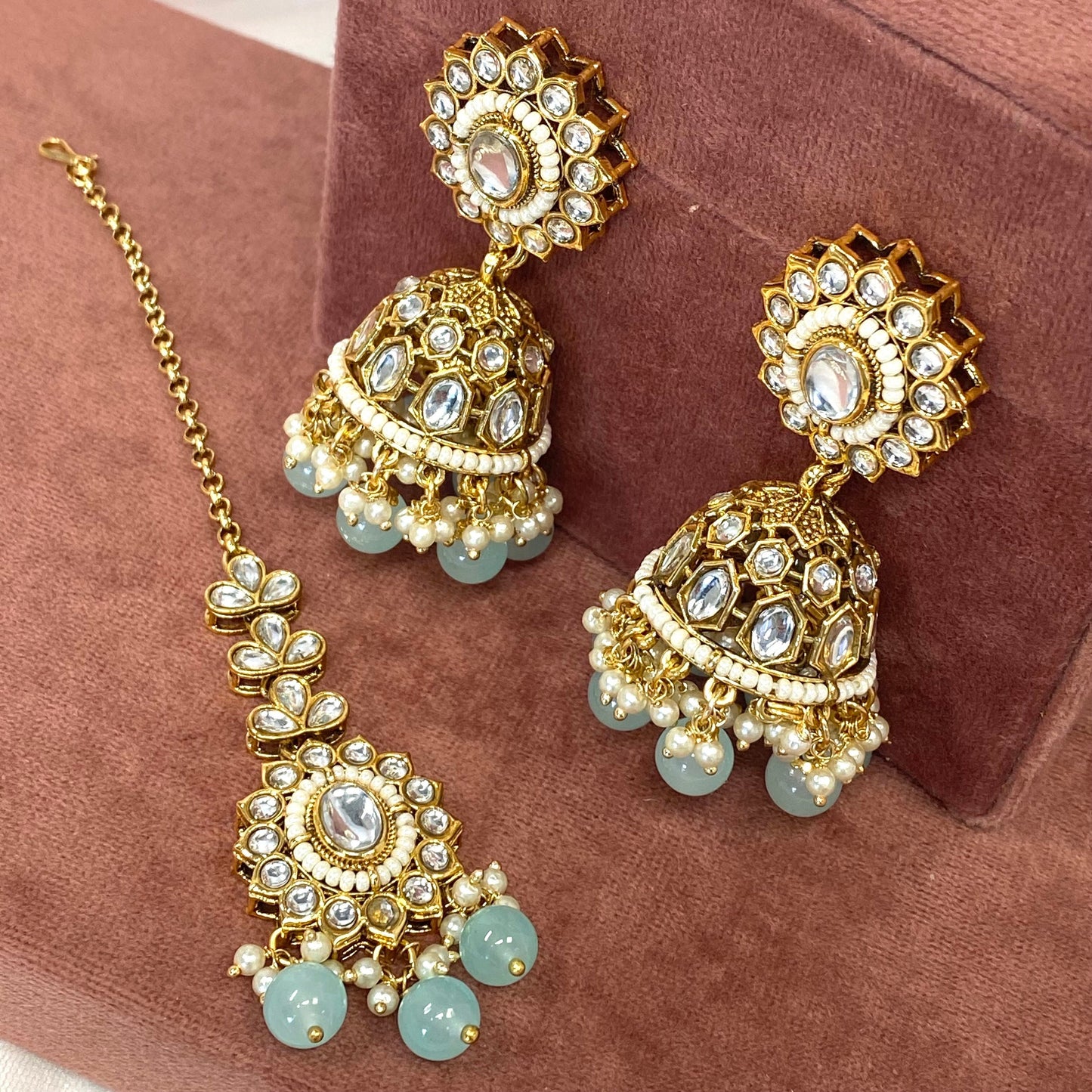 Faux Kundan Earring and Tikka Set - Light Blue