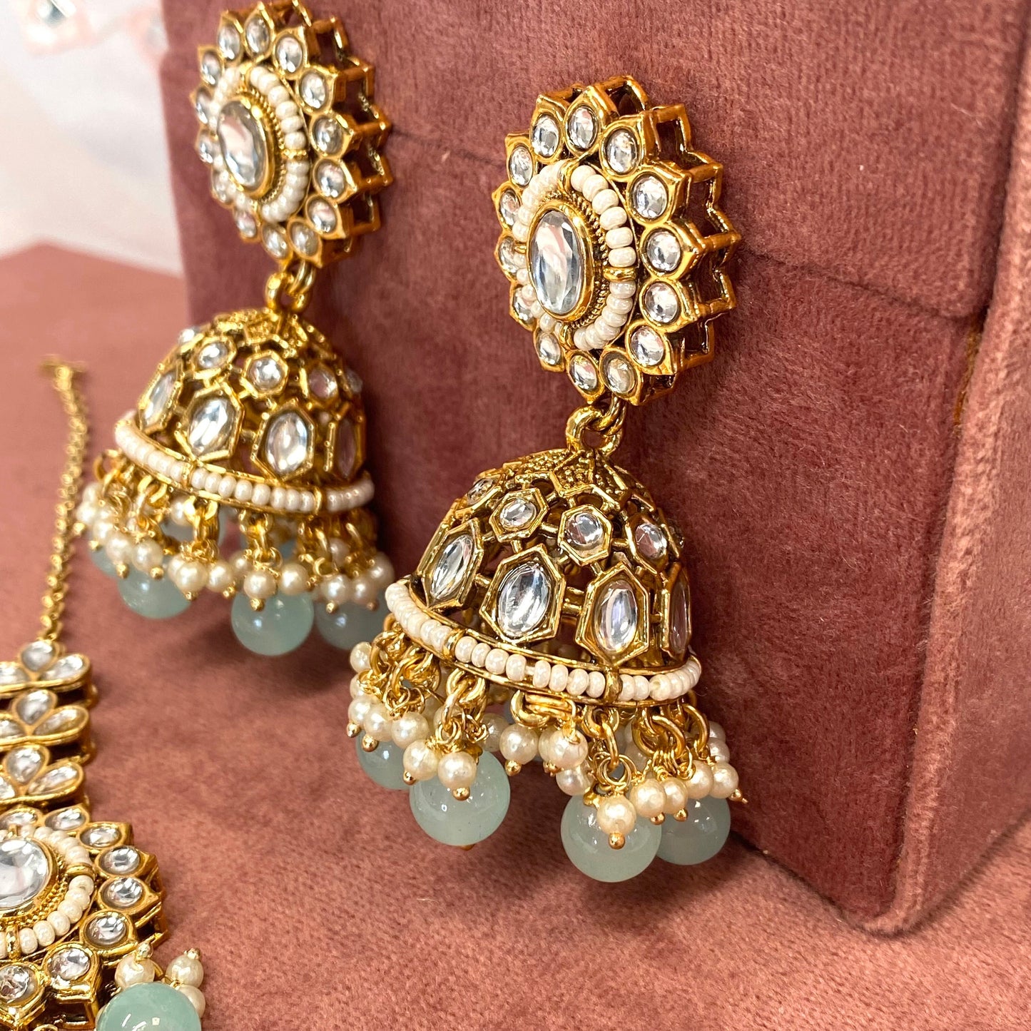 Faux Kundan Earring and Tikka Set - Light Blue
