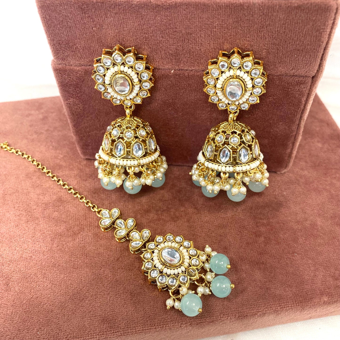 Faux Kundan Earring and Tikka Set - Light Blue