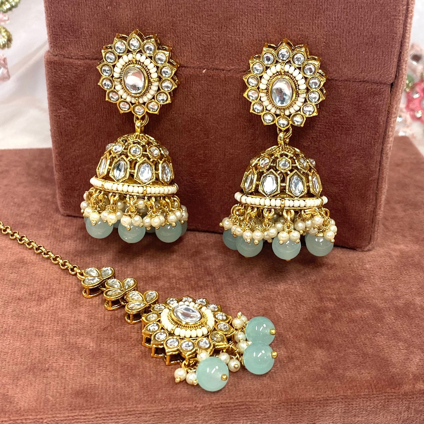 Faux Kundan Earring and Tikka Set - Light Blue