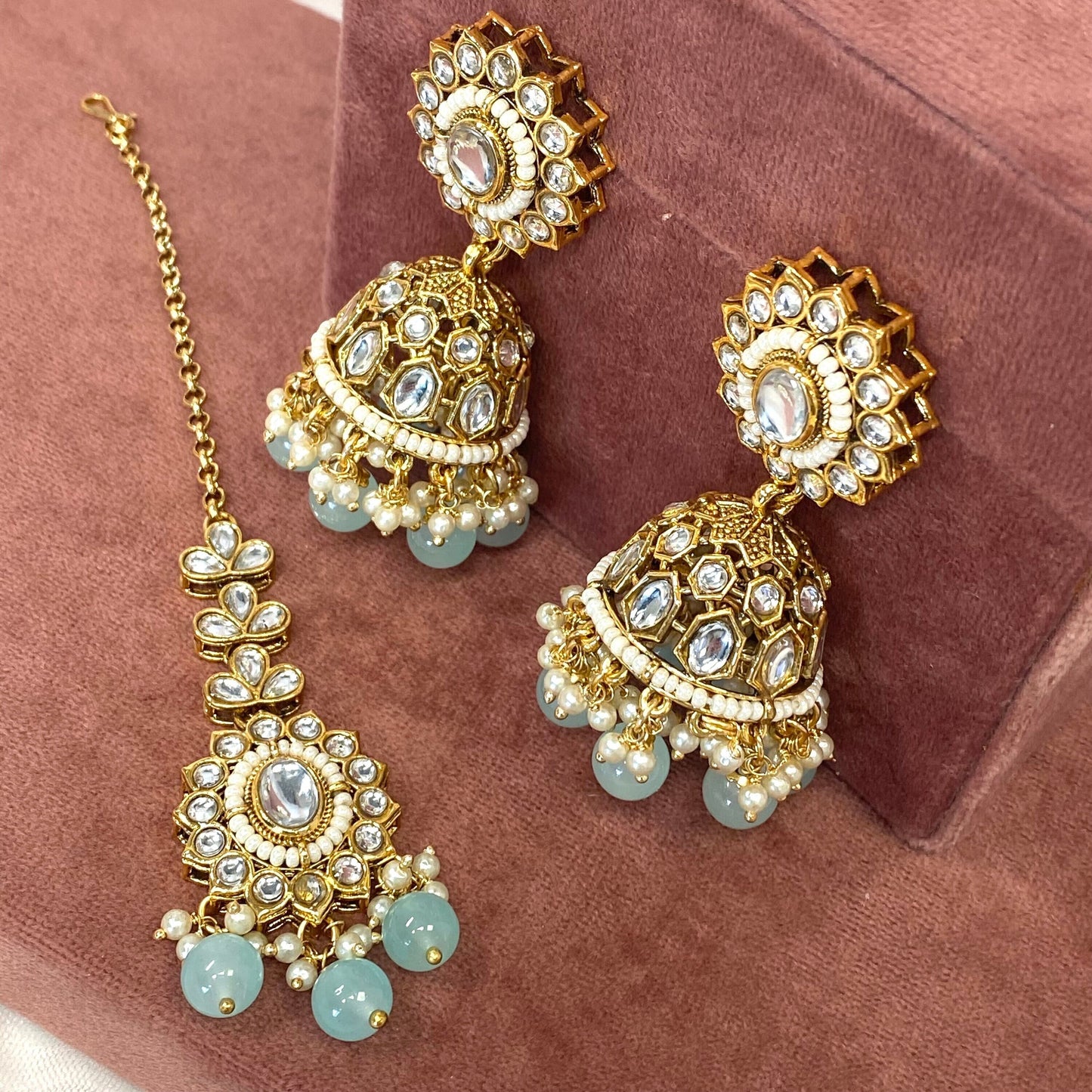 Faux Kundan Earring and Tikka Set - Light Blue