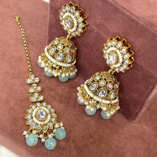 Faux Kundan Earring and Tikka Set - Light Blue