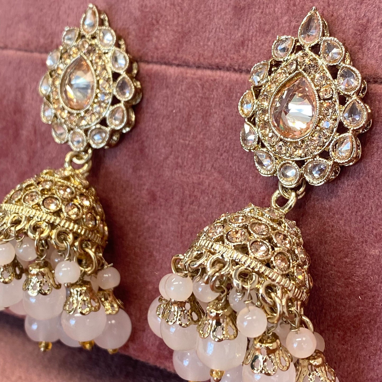 Medium Jhumka Earrings - Golden and Ligth Pink
