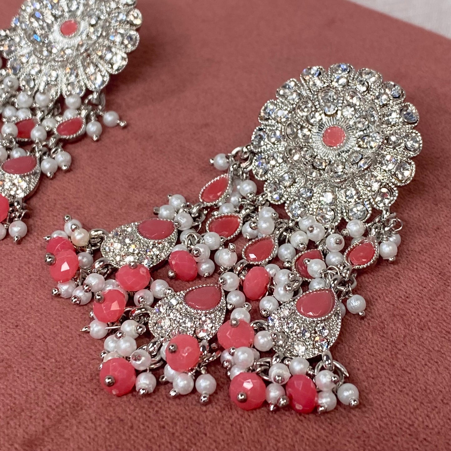 Silver Stud Earrings - Pink/ Coral Indian Style Earring/ Pakistani Fashion/ Fashion Jewellery/ Gift for Women