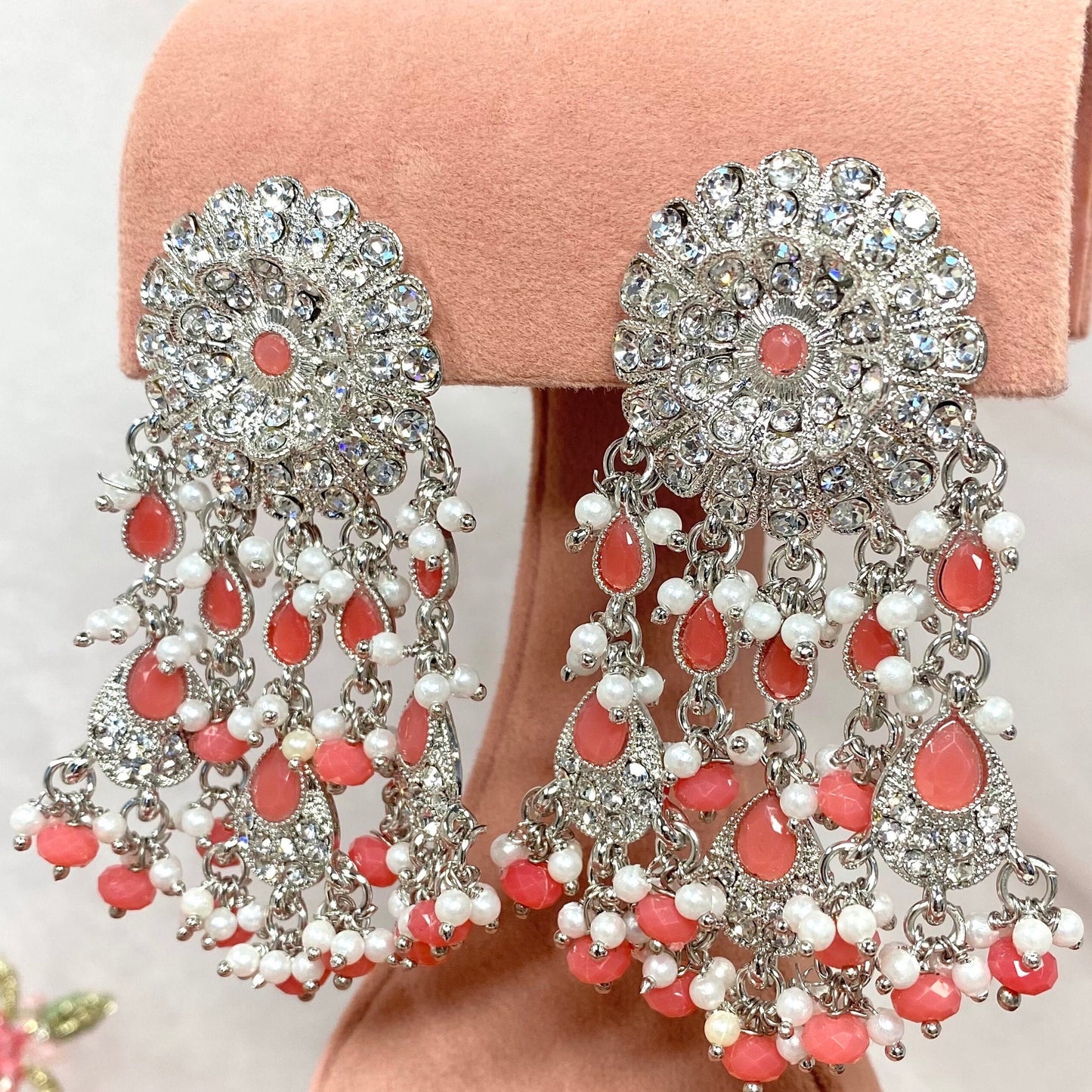 Silver Stud Earrings - Pink/ Coral Indian Style Earring/ Pakistani Fashion/ Fashion Jewellery/ Gift for Women