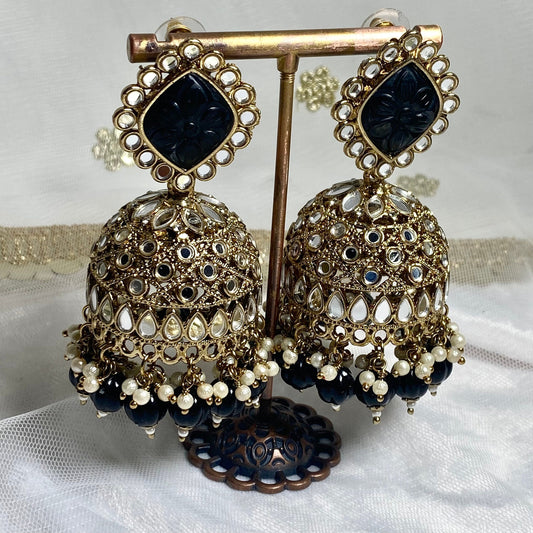 Black Large Mirror Jhumka Earrings