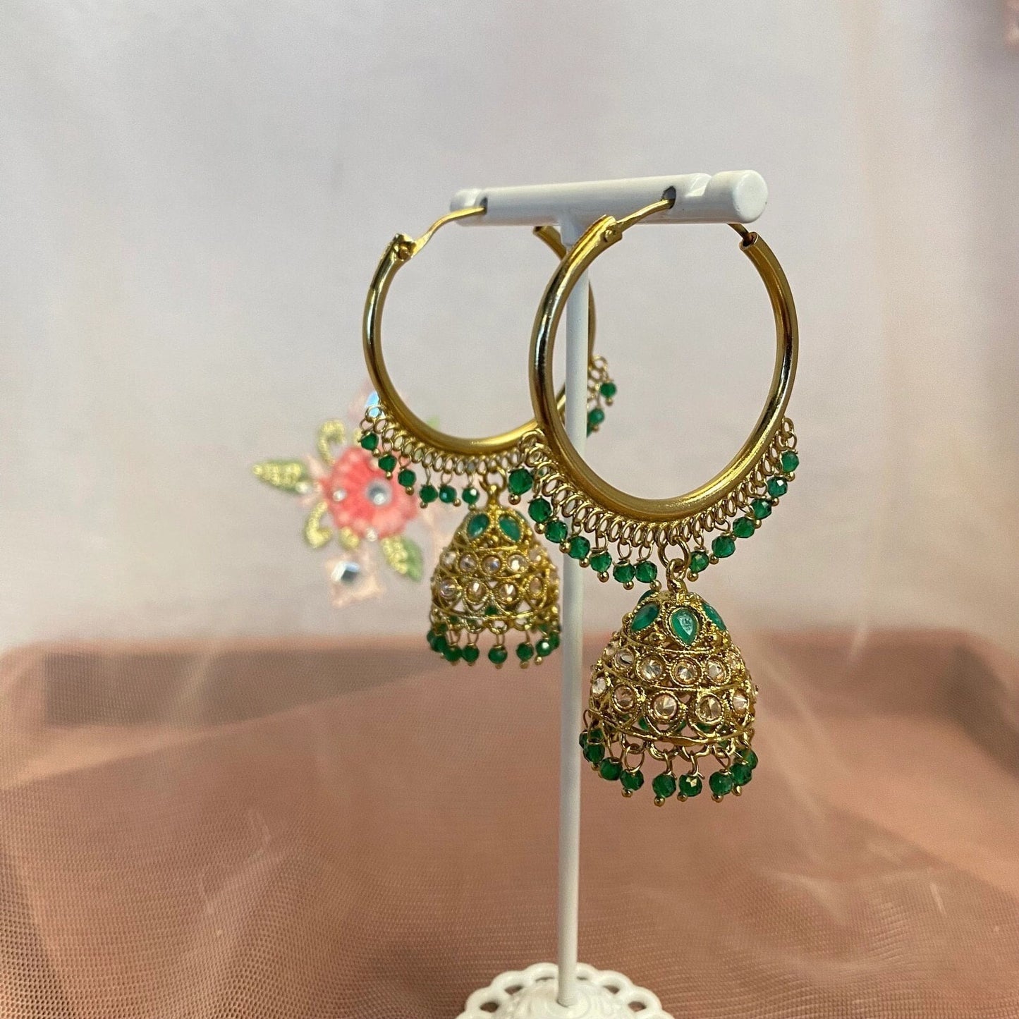Green Jhumka Hoop Earrings
