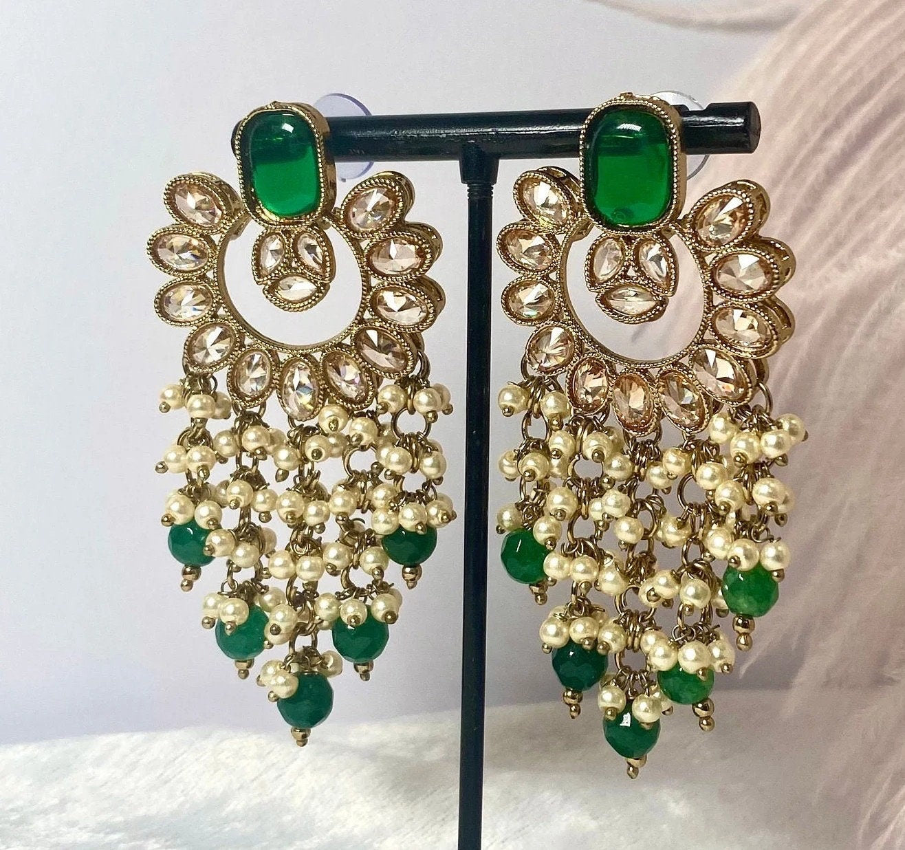 Green Crystal Earrings/ Fashion Jewellery/ Gift for Women/Indian/Pakistani style