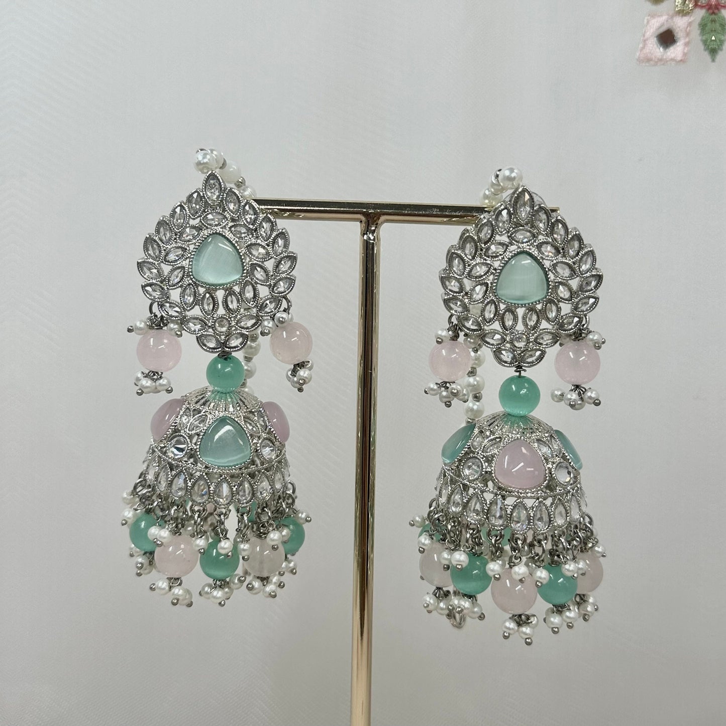 Silver Jhumka Earrings - Mint/Pink/ Indian Style Earring