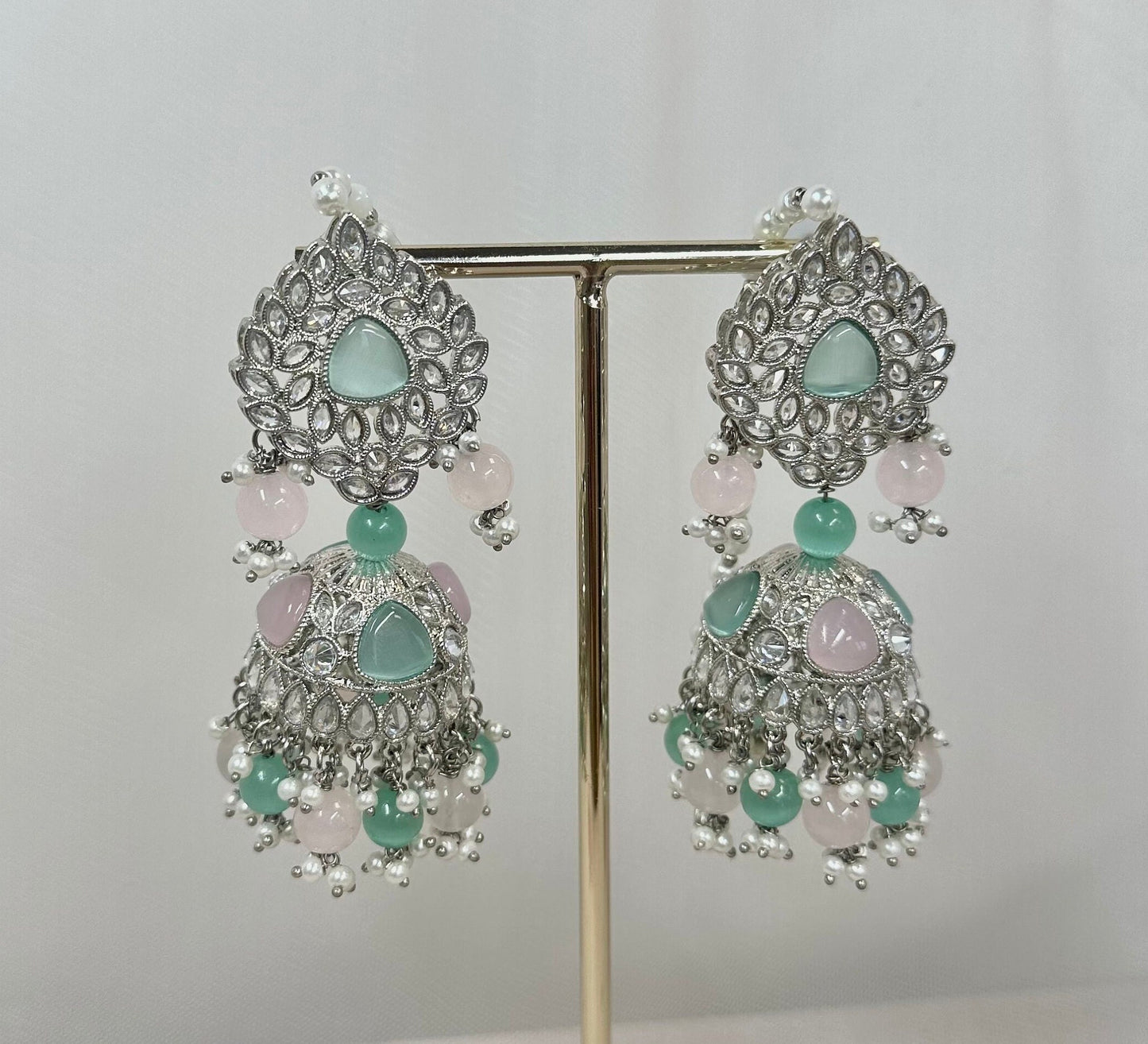 Silver Jhumka Earrings - Mint/Pink/ Indian Style Earring