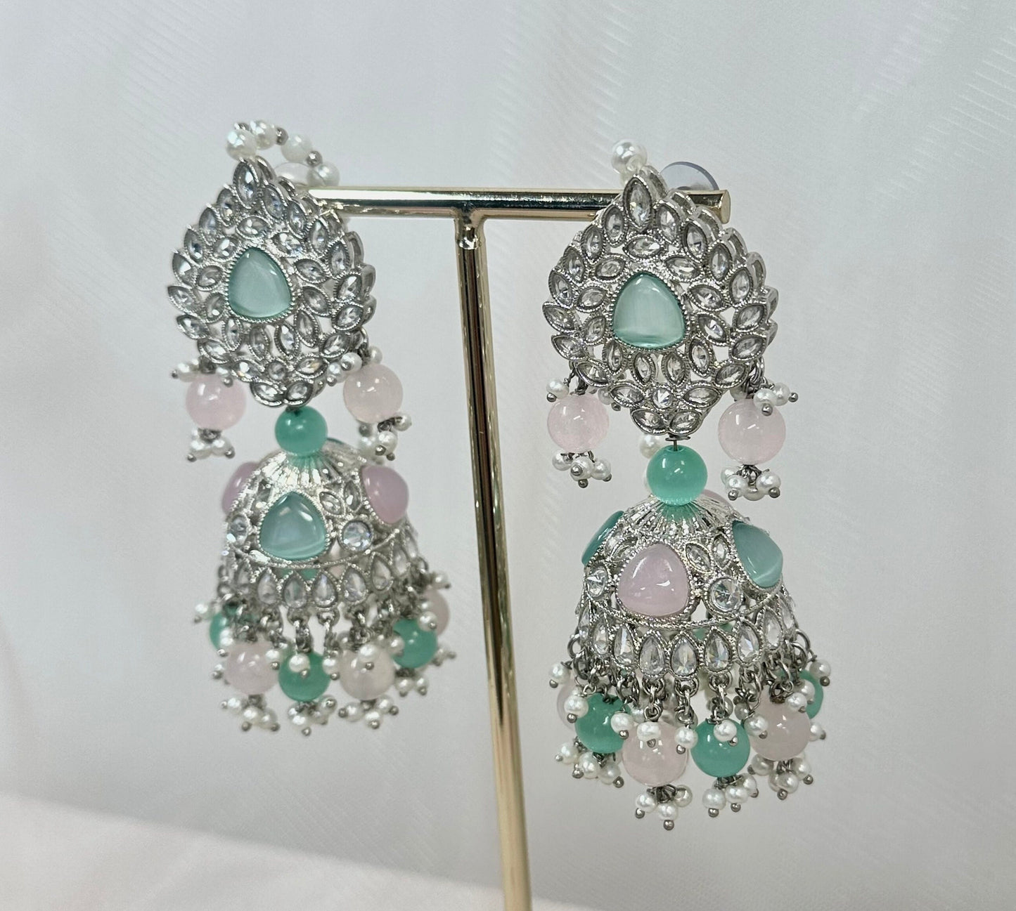 Silver Jhumka Earrings - Mint/Pink/ Indian Style Earring