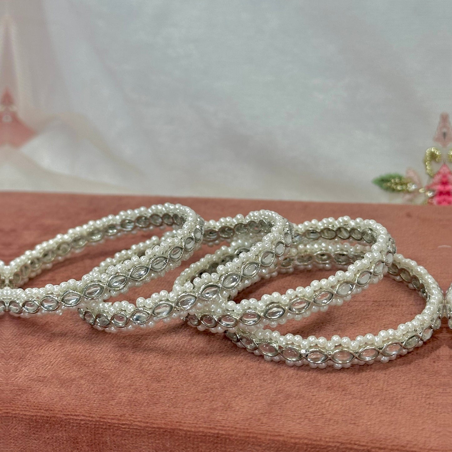 Set of 4 Silver Pearl Bangles/Indian/ Pakistani/Jewelley/ Fashion Bracelet