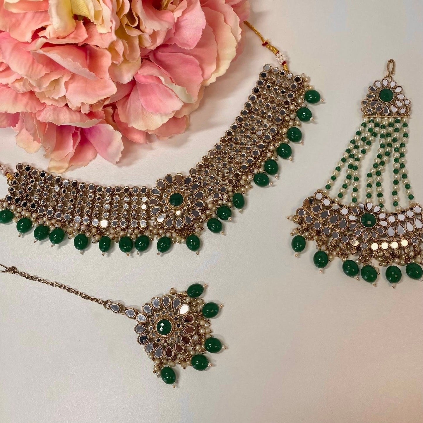 Mirror Choker Set with Chain Earring detail Earring/ Tikka/ Tikli/ Indian/ Pakistani/Fashion Jewellery/ Gift for Women/green