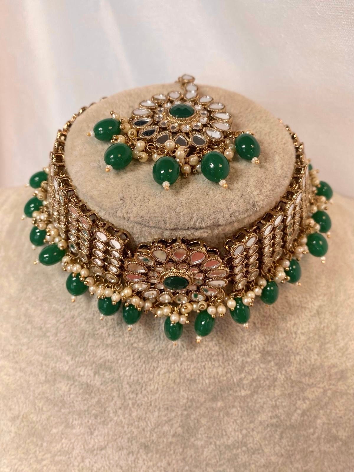 Mirror Choker Set with Chain Earring detail Earring/ Tikka/ Tikli/ Indian/ Pakistani/Fashion Jewellery/ Gift for Women/green