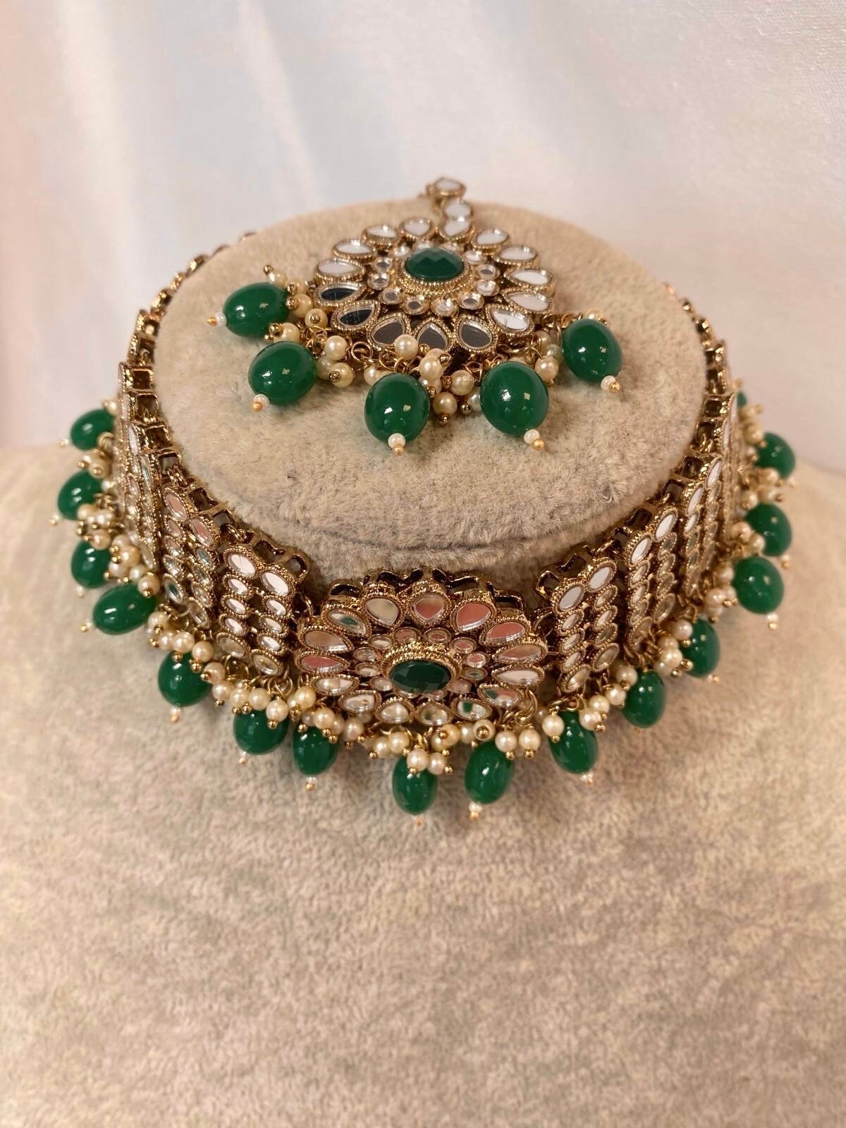 Mirror Choker Set with Chain Earring detail Earring/ Tikka/ Tikli/ Indian/ Pakistani/Fashion Jewellery/ Gift for Women/green