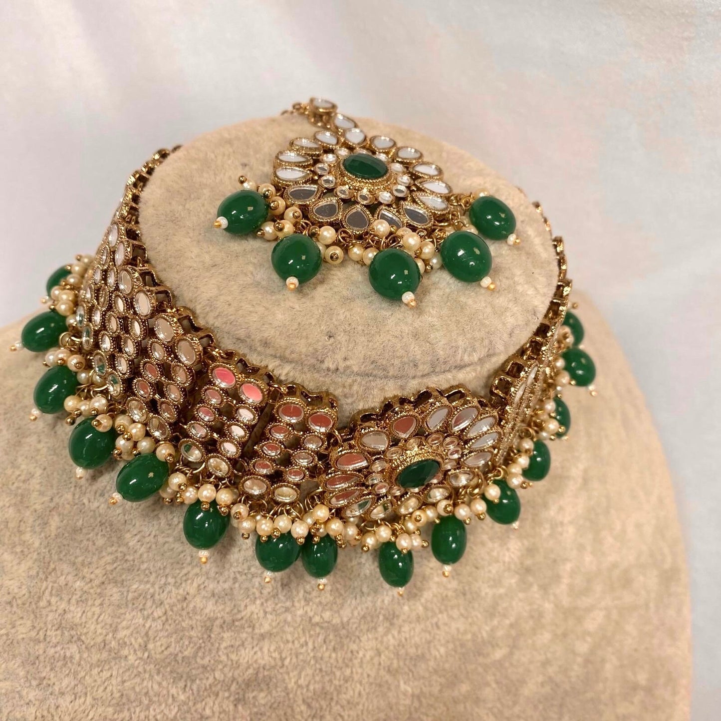 Mirror Choker Set with Chain Earring detail Earring/ Tikka/ Tikli/ Indian/ Pakistani/Fashion Jewellery/ Gift for Women/green