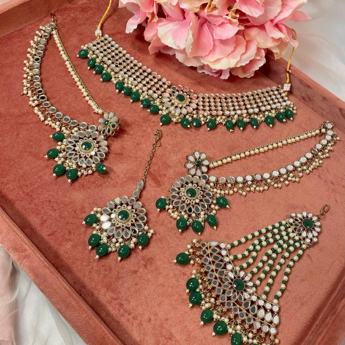 Mirror Choker Set with Chain Earring detail Earring/ Tikka/ Tikli/ Indian/ Pakistani/Fashion Jewellery/ Gift for Women/green