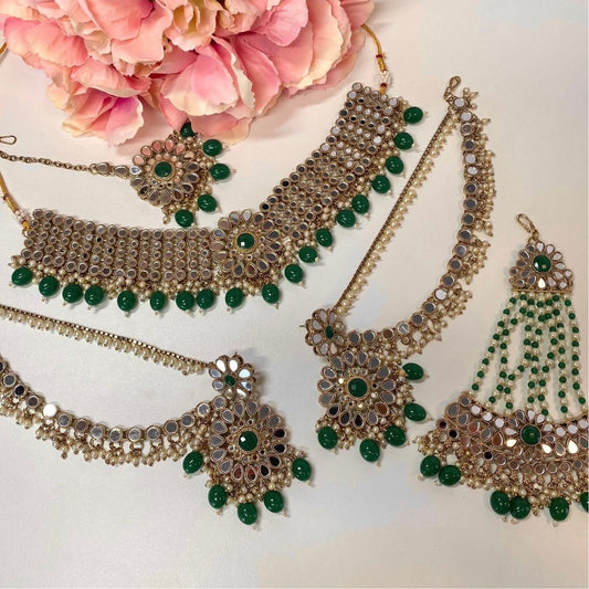 Mirror Choker Set with Chain Earring detail Earring/ Tikka/ Tikli/ Indian/ Pakistani/Fashion Jewellery/ Gift for Women/green