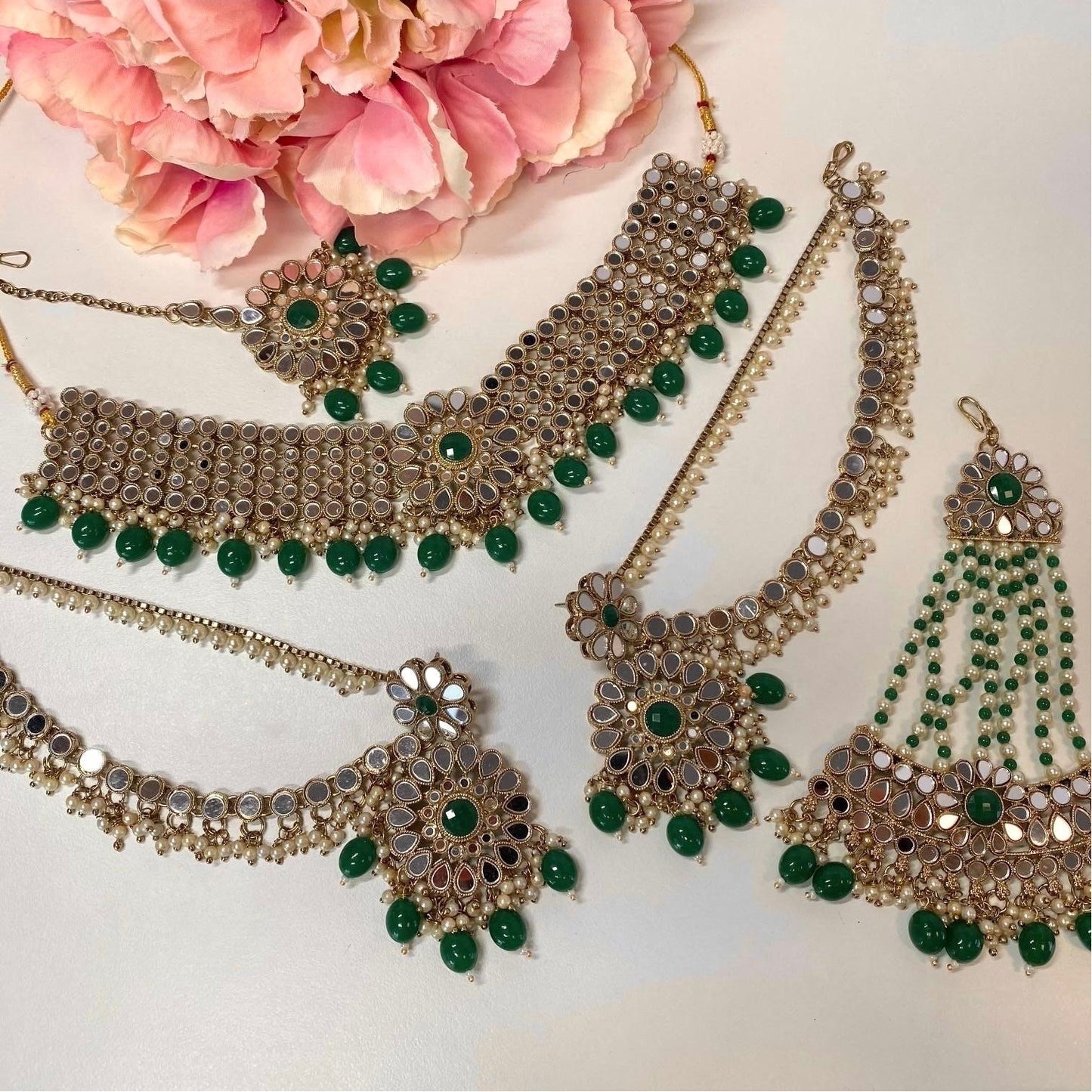 Mirror Choker Set with Chain Earring detail Earring/ Tikka/ Tikli/ Indian/ Pakistani/Fashion Jewellery/ Gift for Women/green