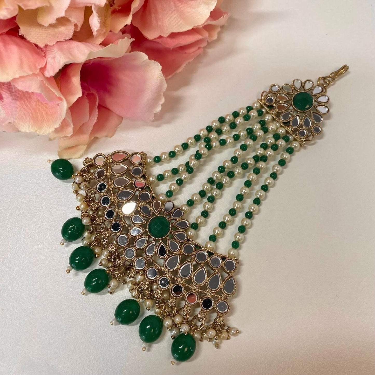 Mirror Choker Set with Chain Earring detail Earring/ Tikka/ Tikli/ Indian/ Pakistani/Fashion Jewellery/ Gift for Women/green