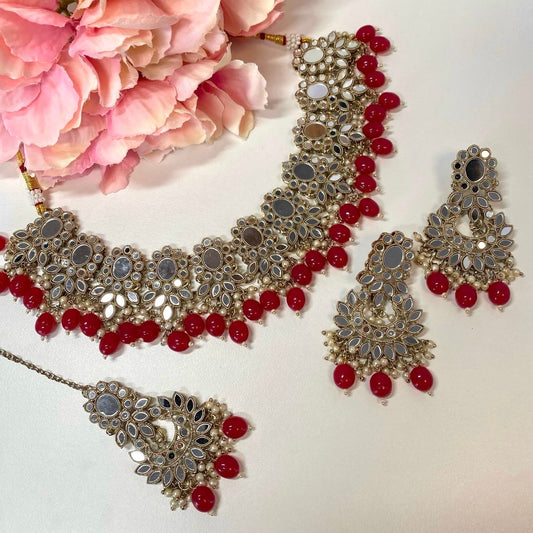 Mirror Choker Set - Ruby Earring/ Tikka/ Tikli/ Indian/ Pakistani/Fashion Jewellery/ Gift for Women