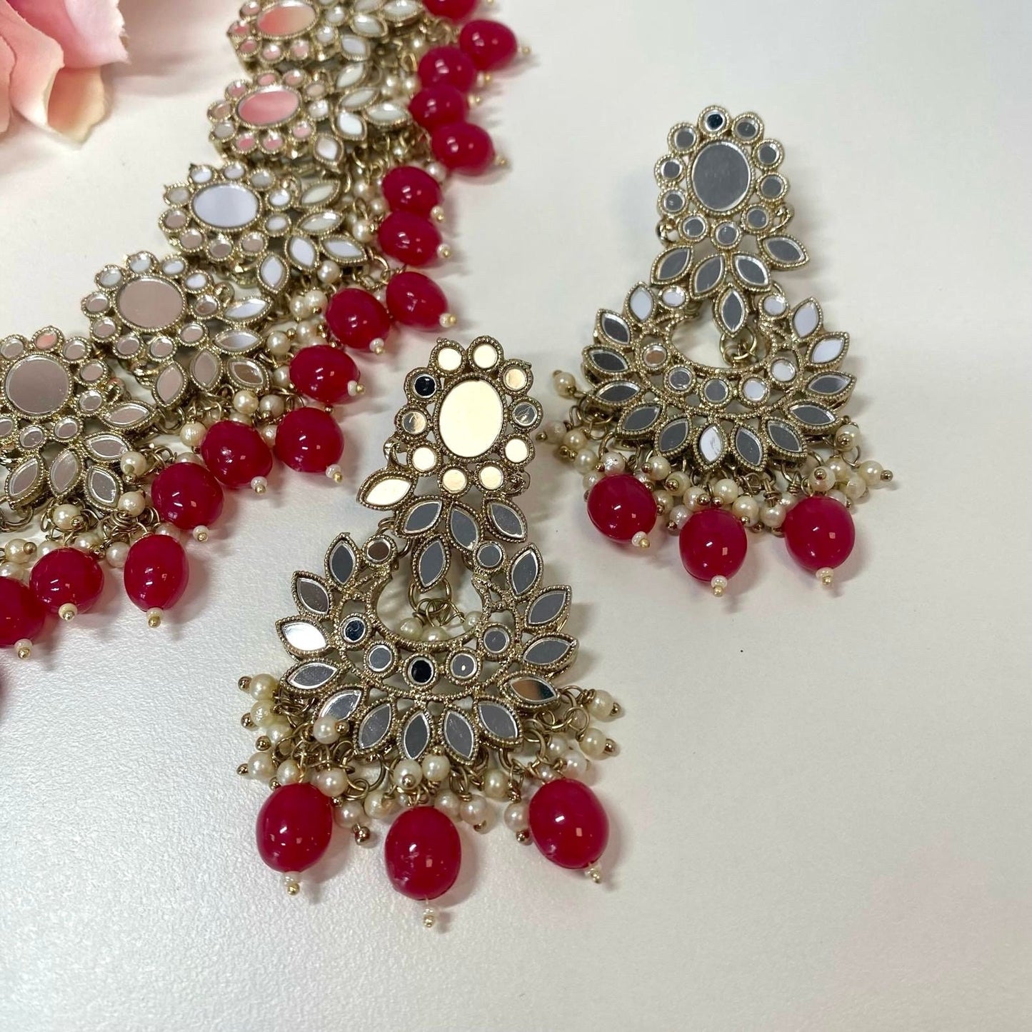 Mirror Choker Set - Ruby Earring/ Tikka/ Tikli/ Indian/ Pakistani/Fashion Jewellery/ Gift for Women