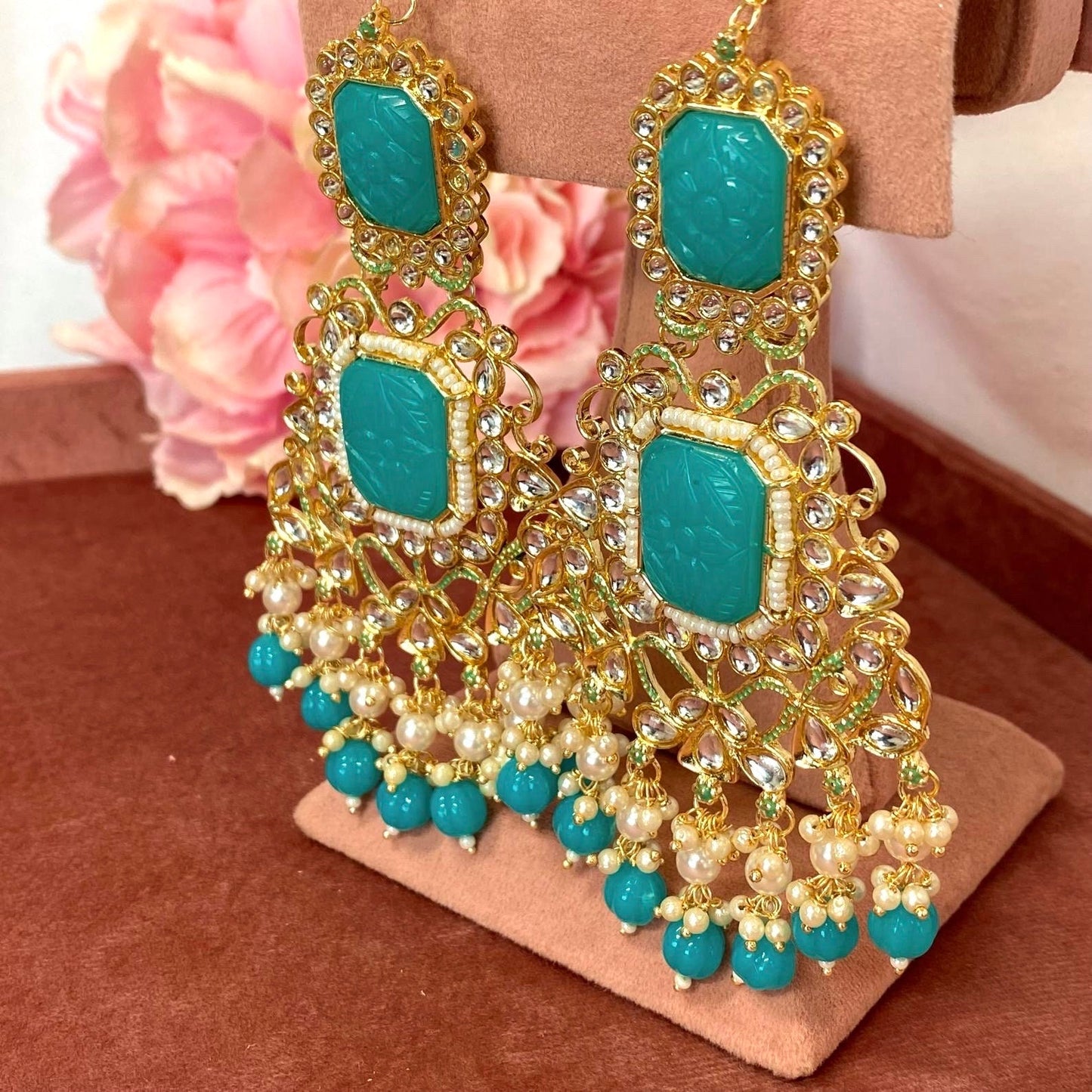 Large Faux-Kundan Earrings - Teal Indian Style Earring/ Pakistani Fashion/ Fashion Jewellery/ Gift for Women