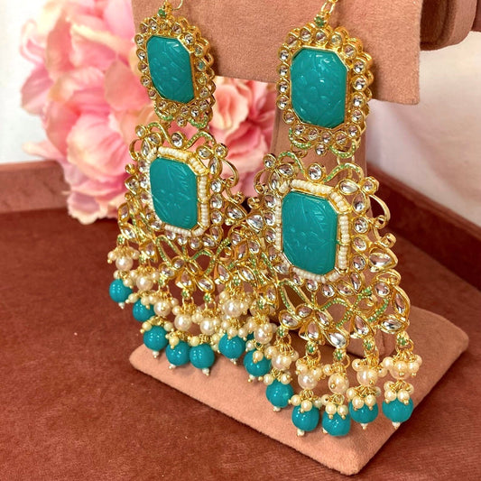 Large Faux-Kundan Earrings - Teal Indian Style Earring/ Pakistani Fashion/ Fashion Jewellery/ Gift for Women