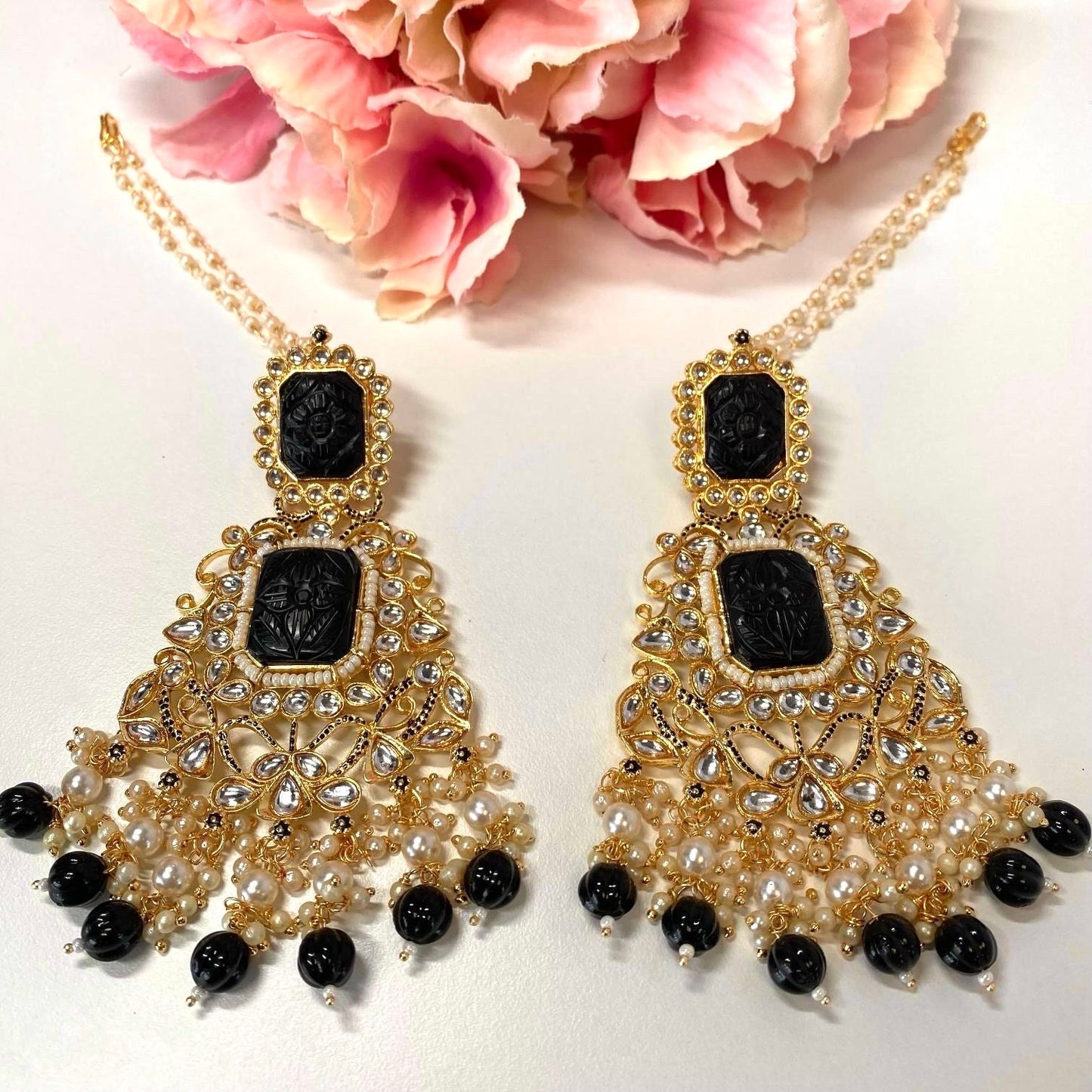 Large Faux-Kundan Earrings - Black Indian Style Earring/ Pakistani Fashion/ Fashion Jewellery/ Gift for Women
