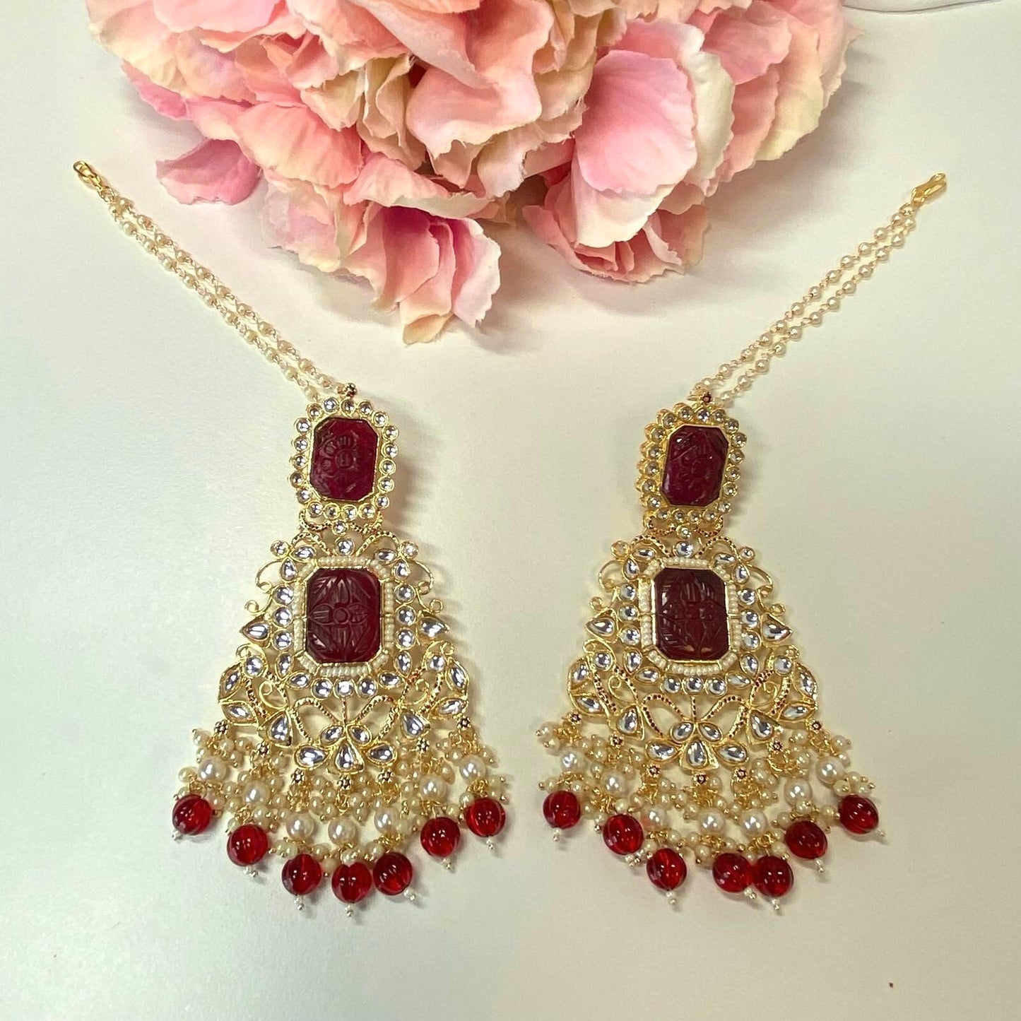 Large Faux-Kundan Earrings - Maroon Indian Style Earring/ Pakistani Fashion/ Fashion Jewellery/ Gift for Women