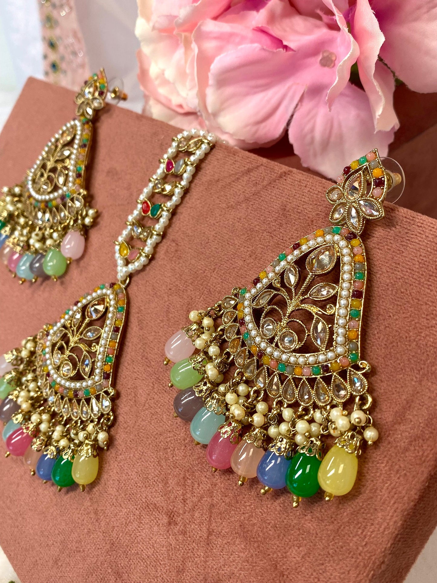 Large Earring and Tikka Set- Multicolour/Flat Earring Indian/ Pakistani Style