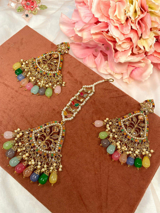 Large Earring and Tikka Set- Multicolour/Flat Earring Indian/ Pakistani Style