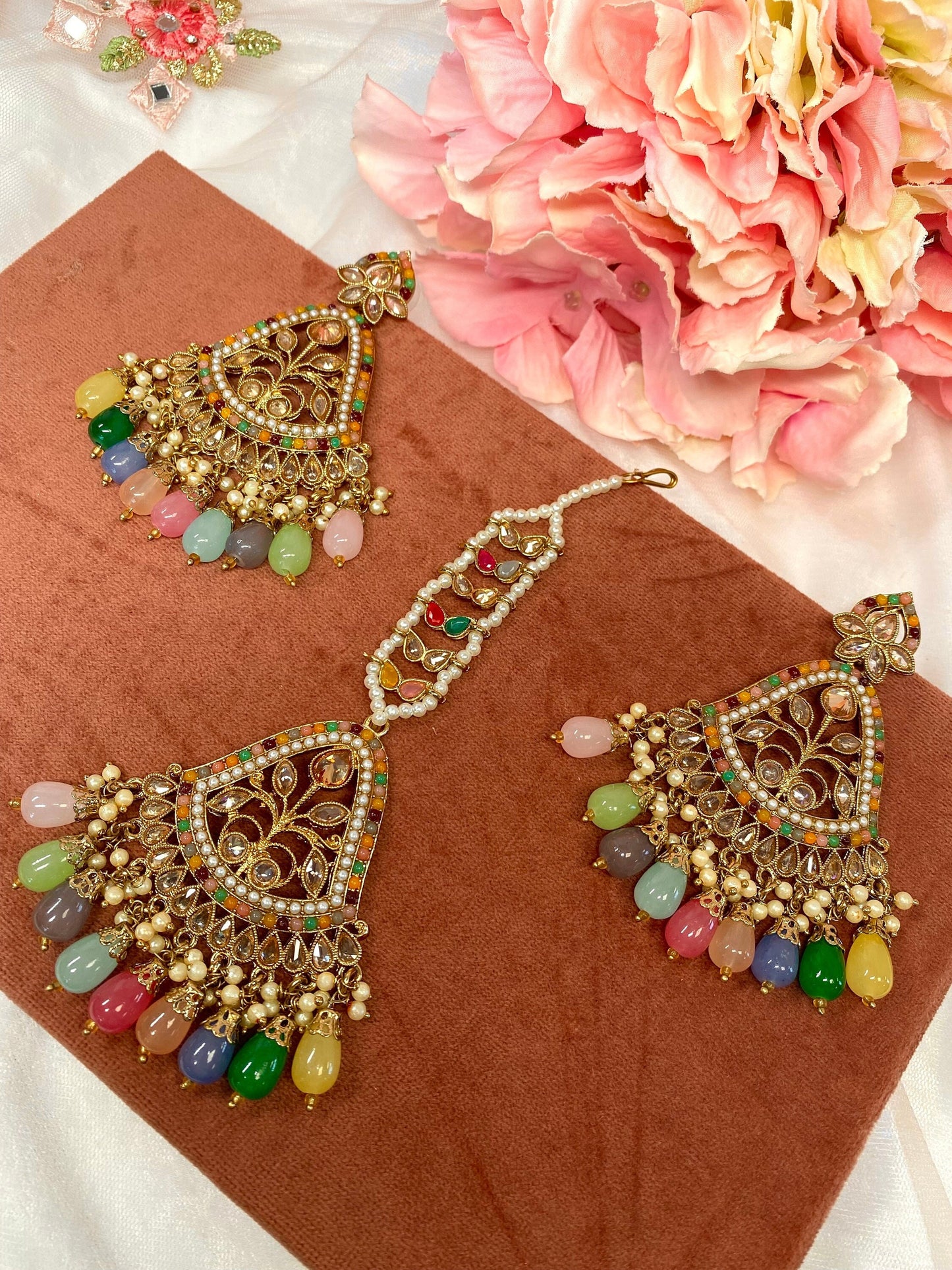 Large Earring and Tikka Set- Multicolour/Flat Earring Indian/ Pakistani Style