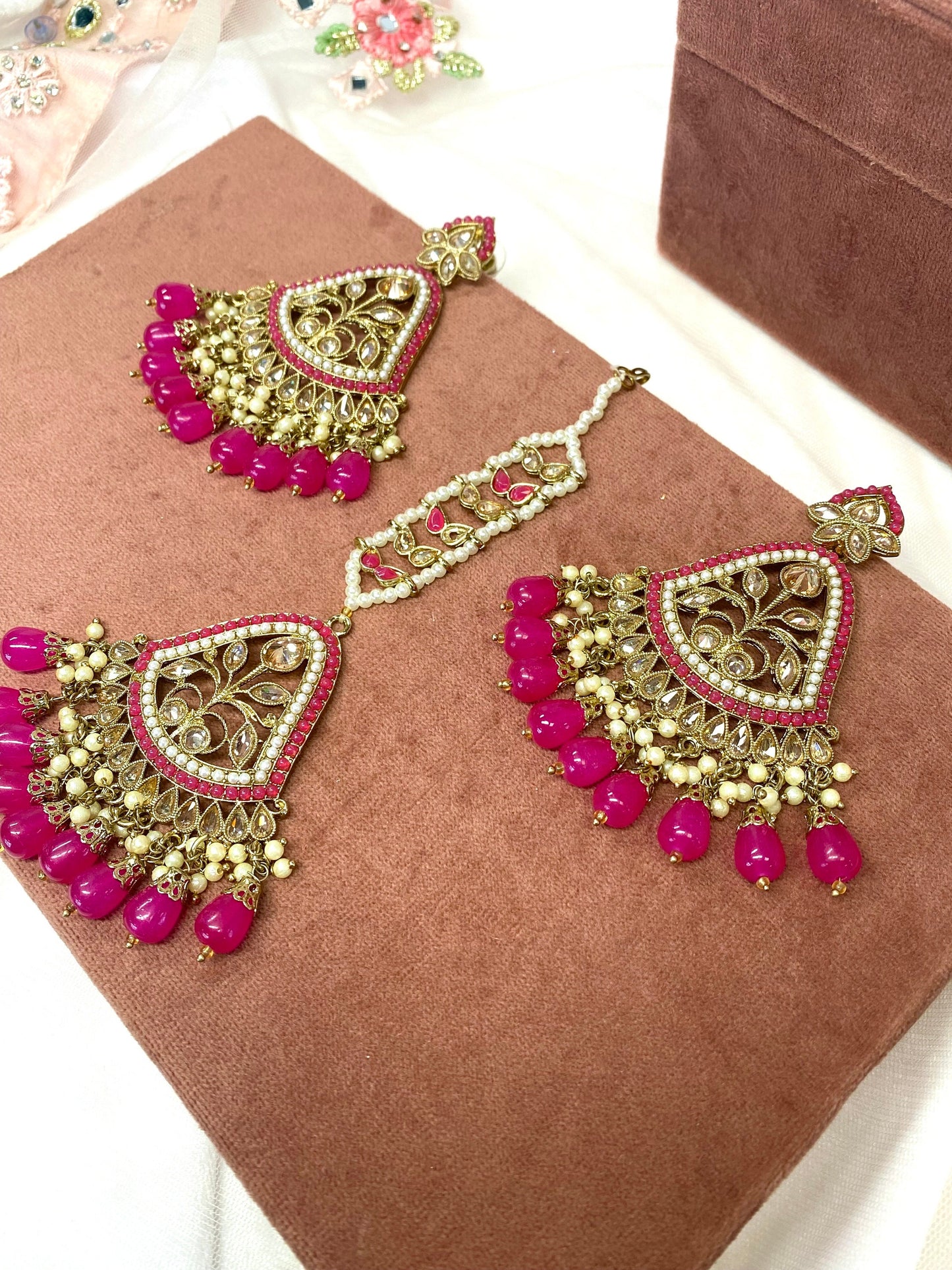Large Earring and Tikka Set- Fushsia/Flat Earring Indian/ Pakistani Style