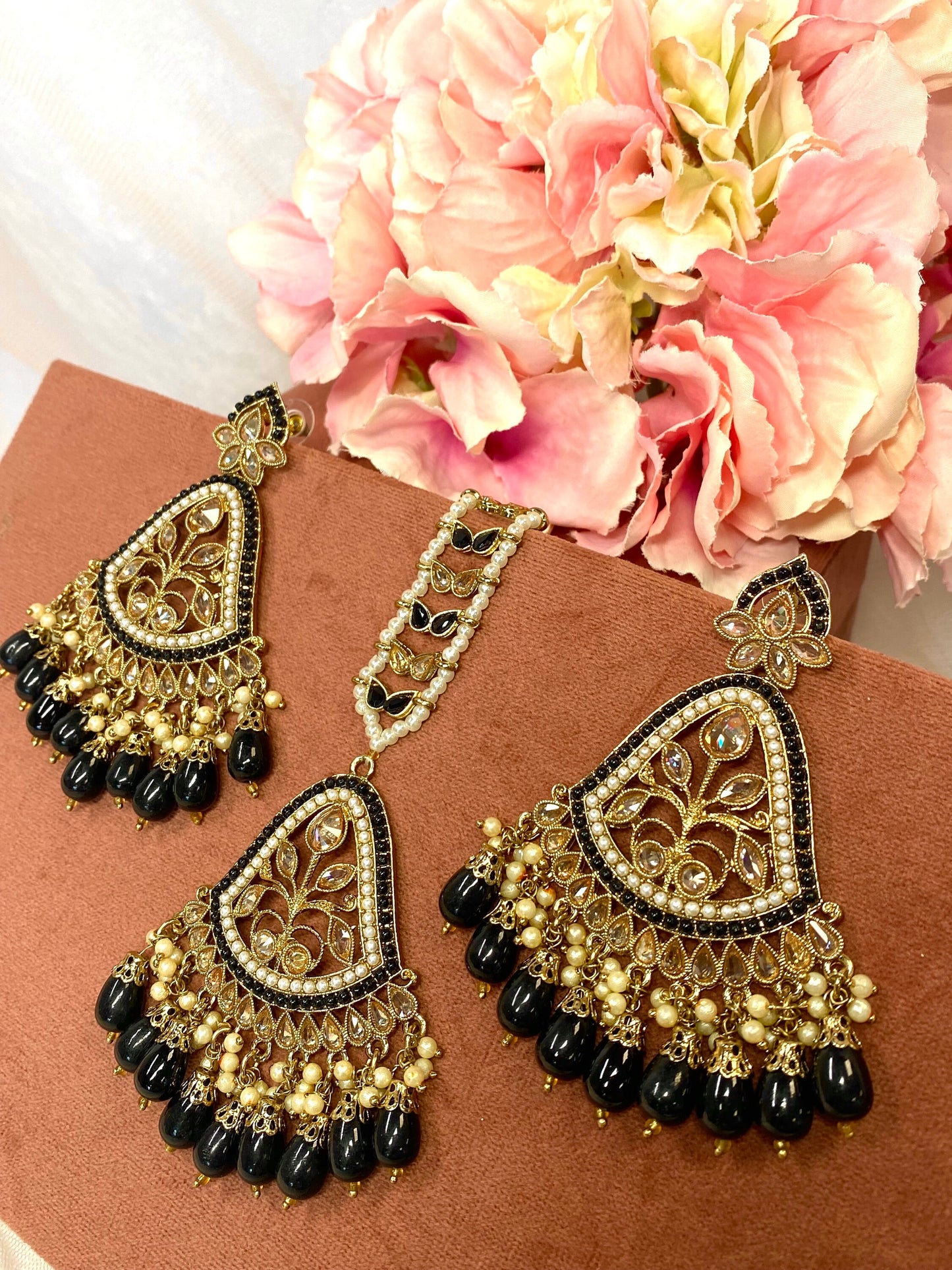 Large Earring and Tikka Set- Black/Flat Earring Indian/ Pakistani Style