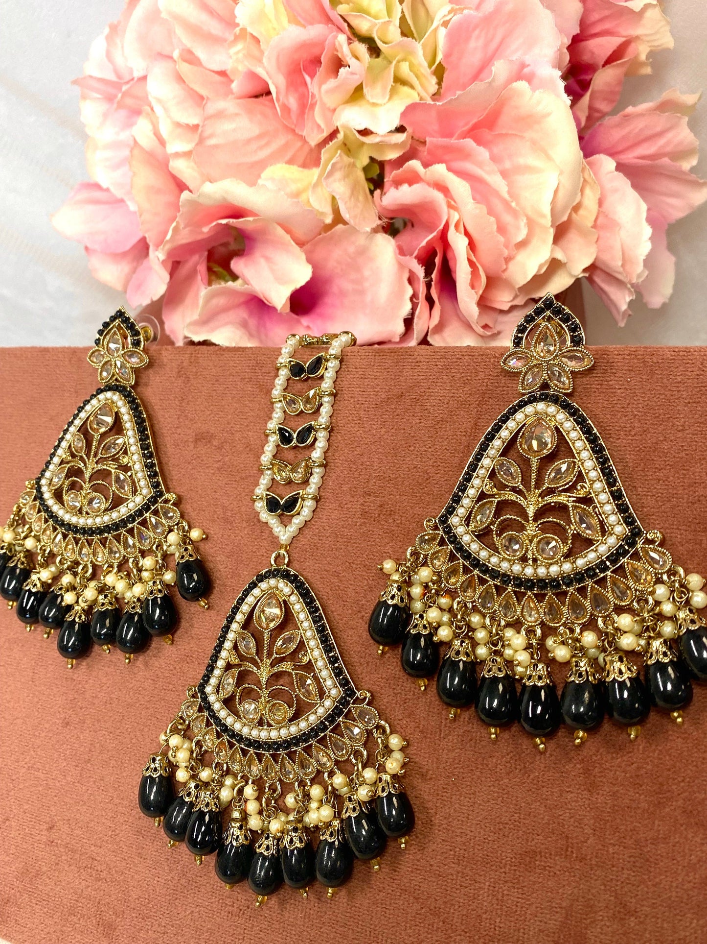 Large Earring and Tikka Set- Black/Flat Earring Indian/ Pakistani Style