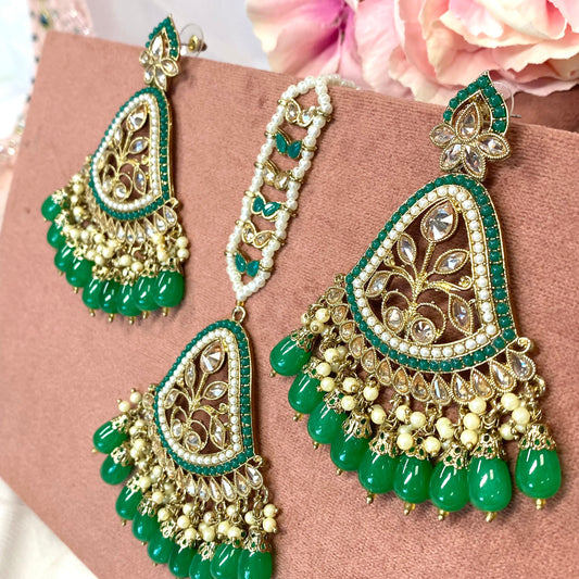 Large Earring and Tikka Set- Green/Meenakari/ Indian/ Pakistani Style/