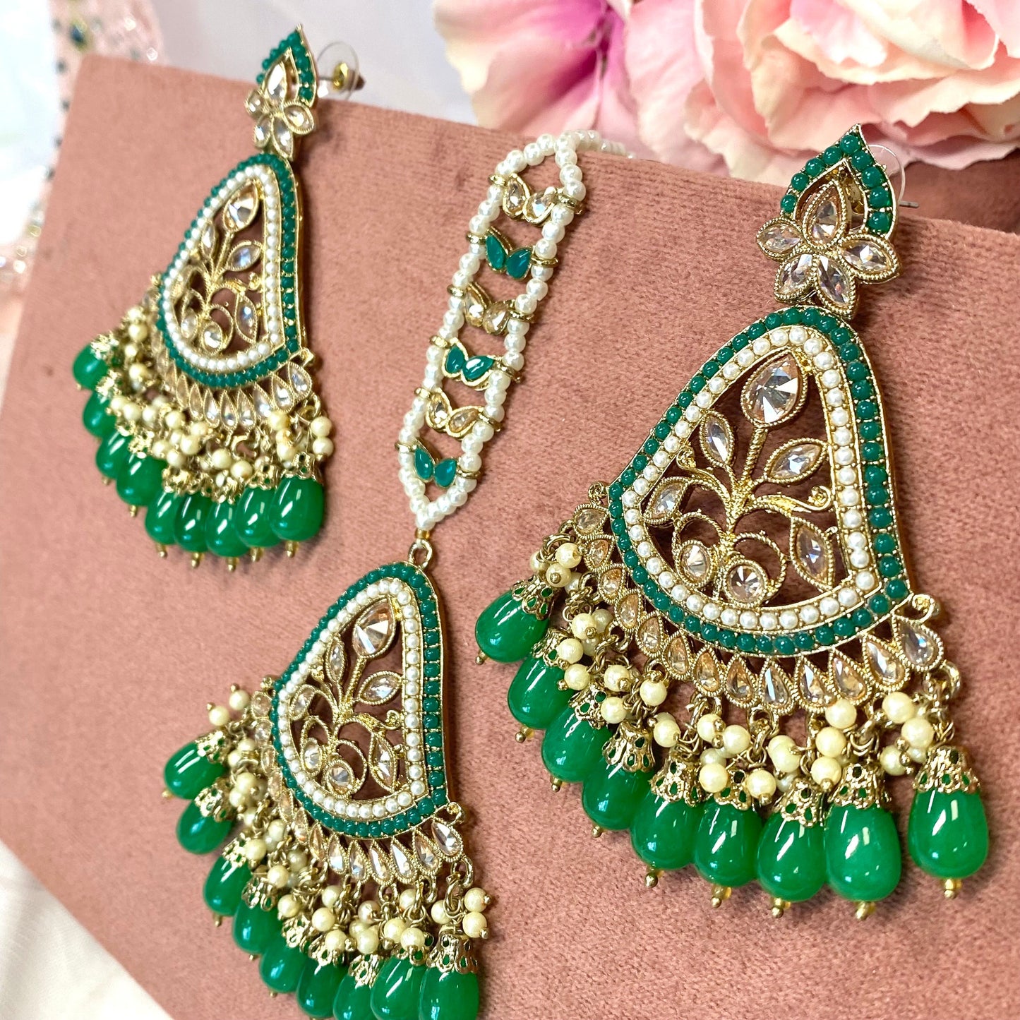 Large Earring and Tikka Set- Green/Meenakari/ Indian/ Pakistani Style/