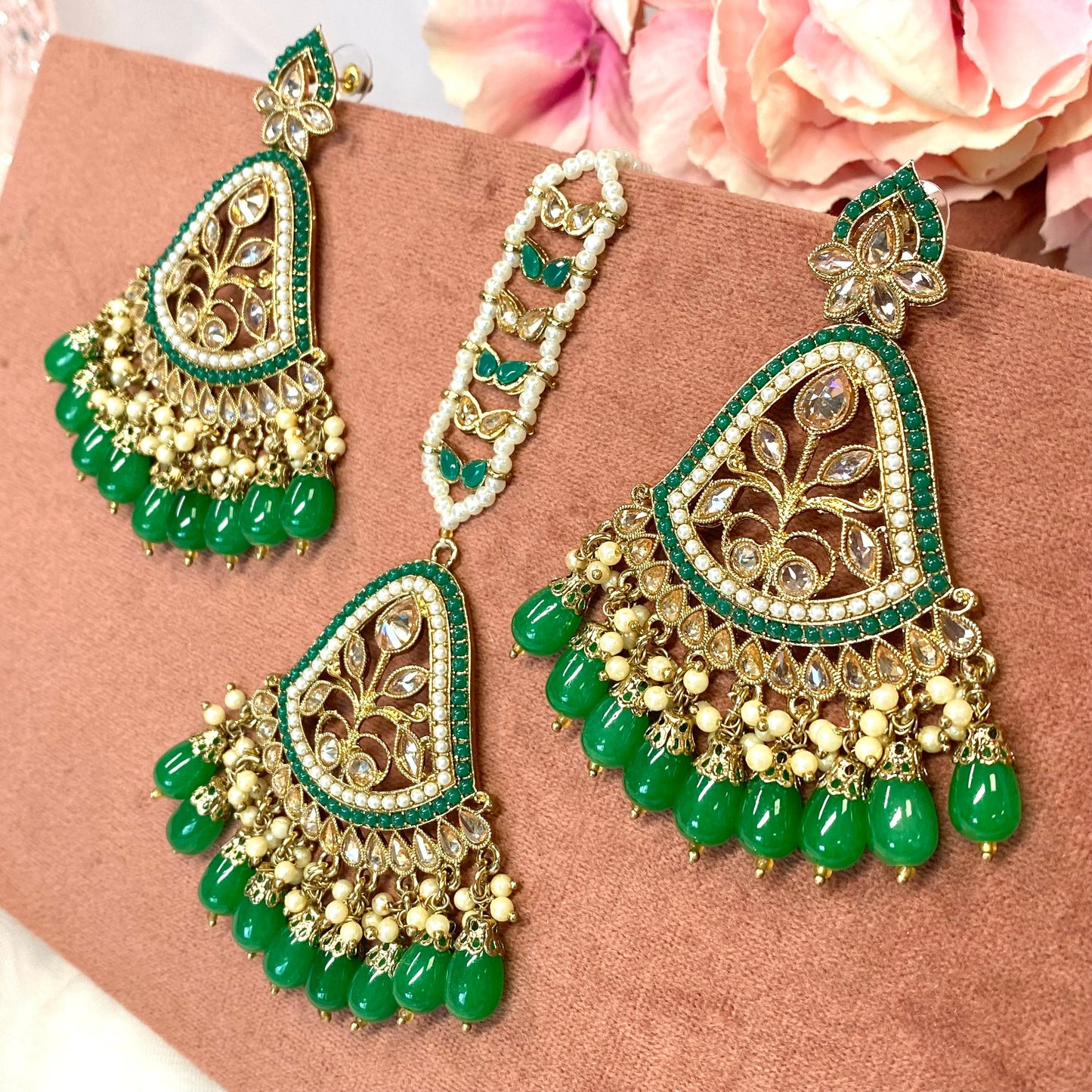 Large Earring and Tikka Set- Green/Meenakari/ Indian/ Pakistani Style/
