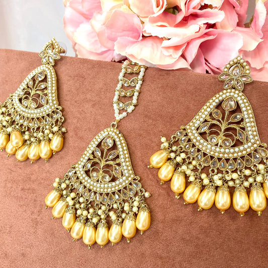 Large Earring and Tikka Set- Champagne Pearl/Flat Earring Indian/ Pakistani Style