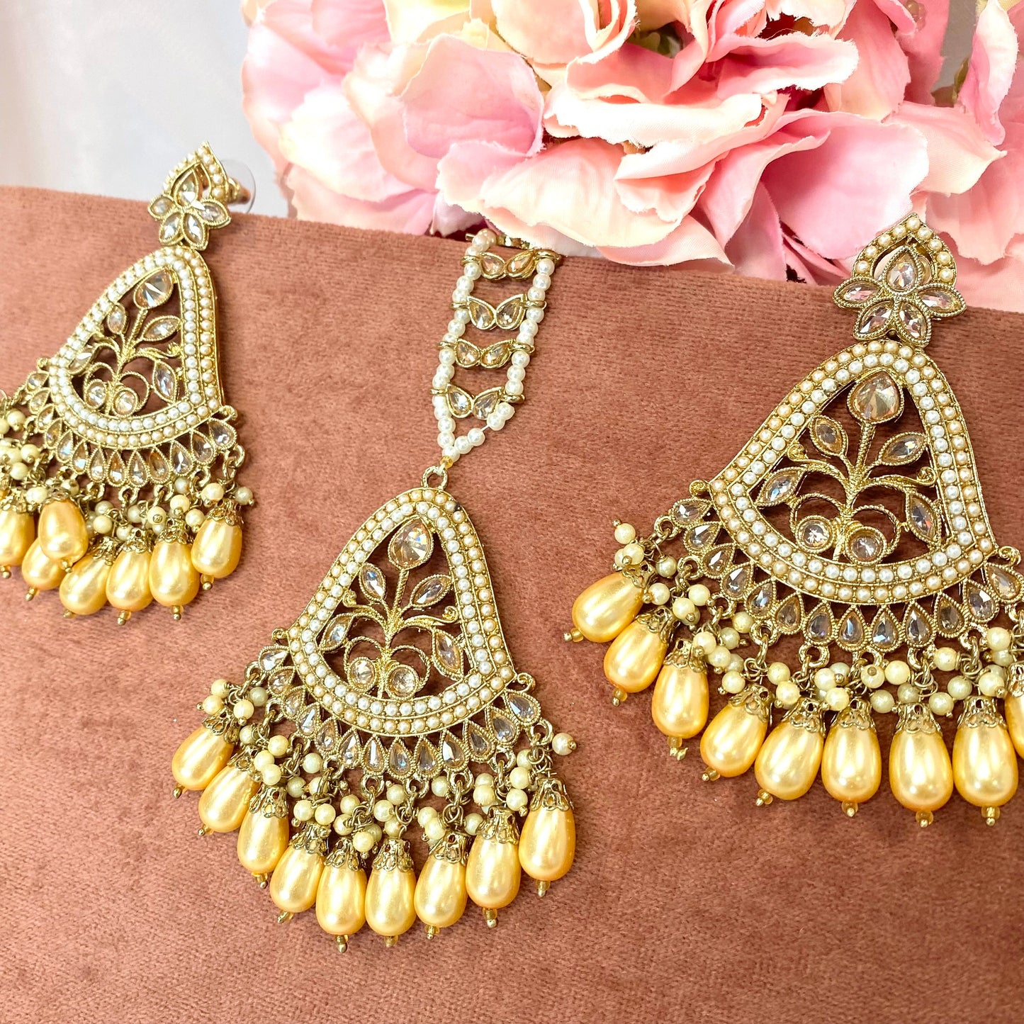 Large Earring and Tikka Set- Champagne Pearl/Flat Earring Indian/ Pakistani Style