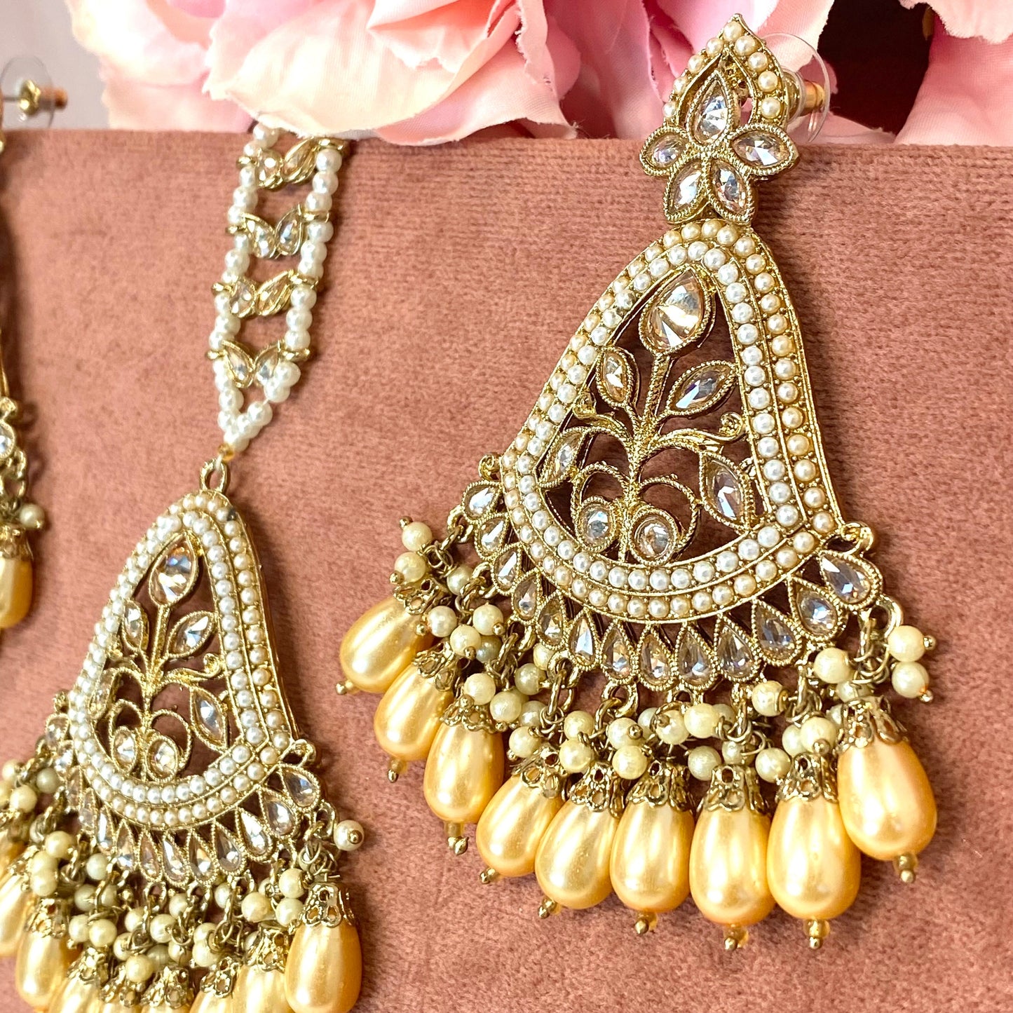 Large Earring and Tikka Set- Champagne Pearl/Flat Earring Indian/ Pakistani Style
