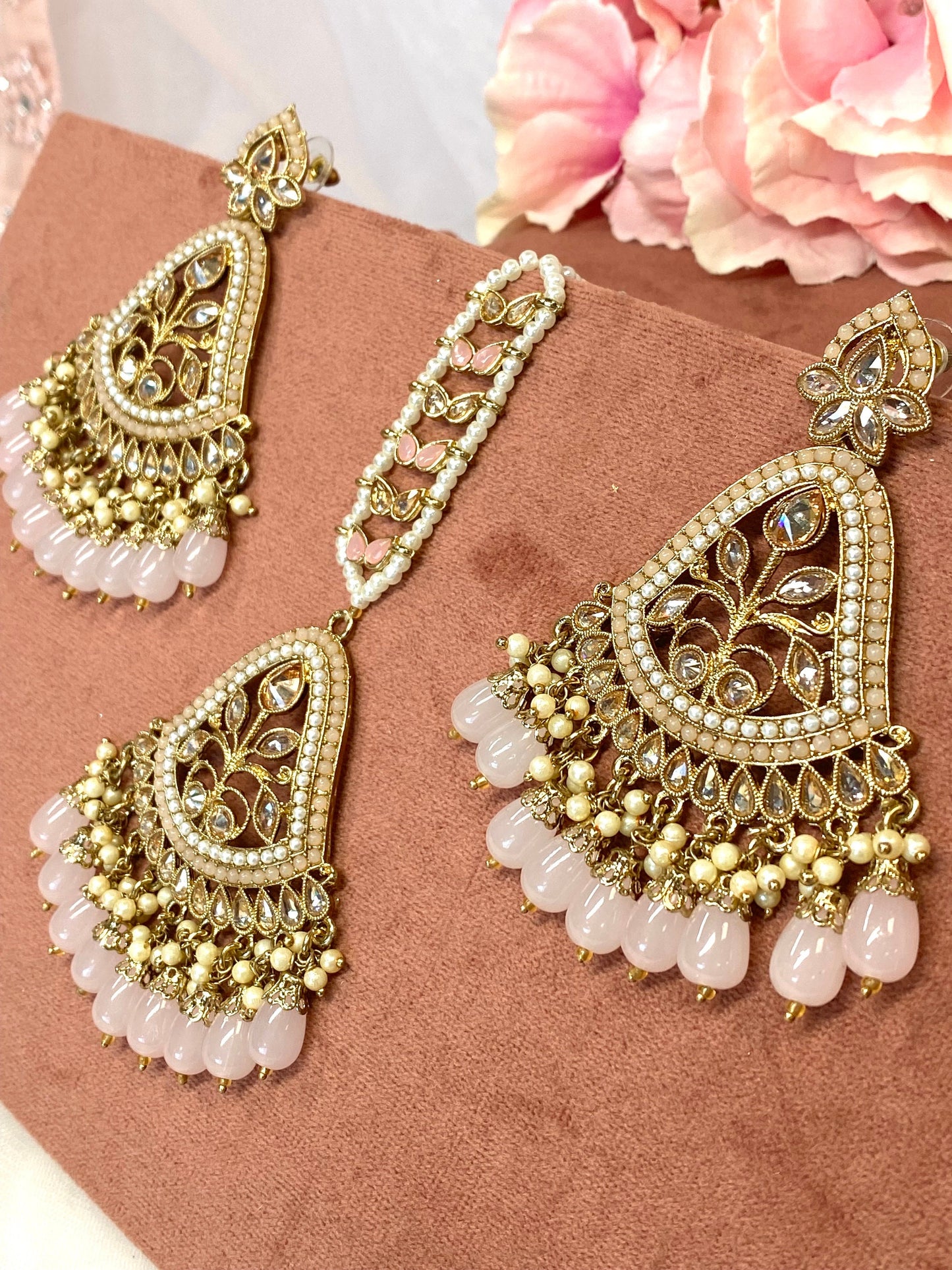 Large Earring and Tikka Set- Light Pink/Flat Earring Indian/ Pakistani Style