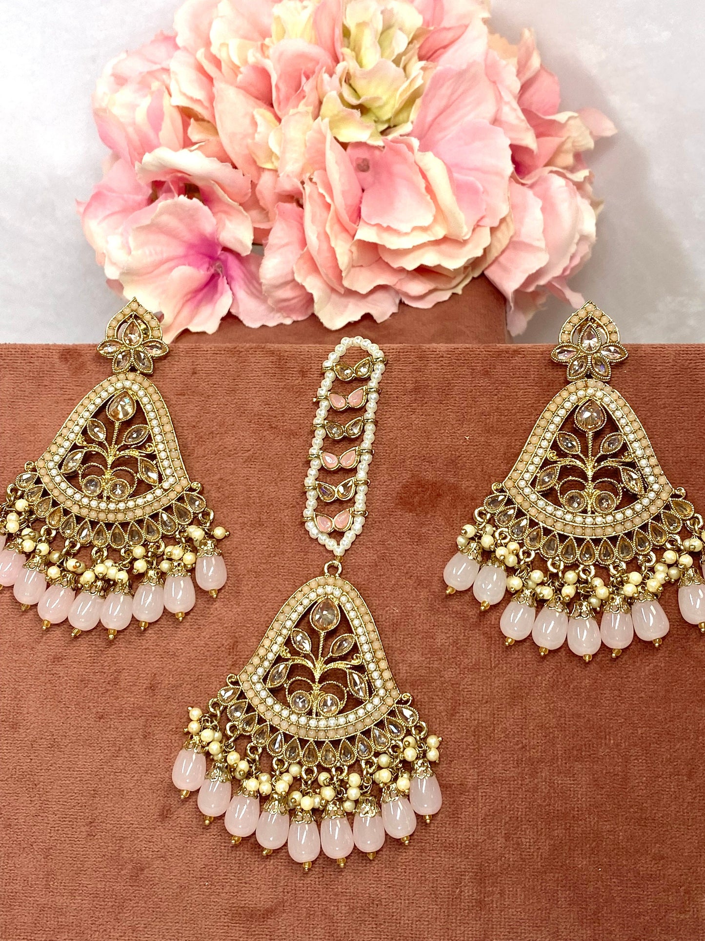 Large Earring and Tikka Set- Light Pink/Flat Earring Indian/ Pakistani Style