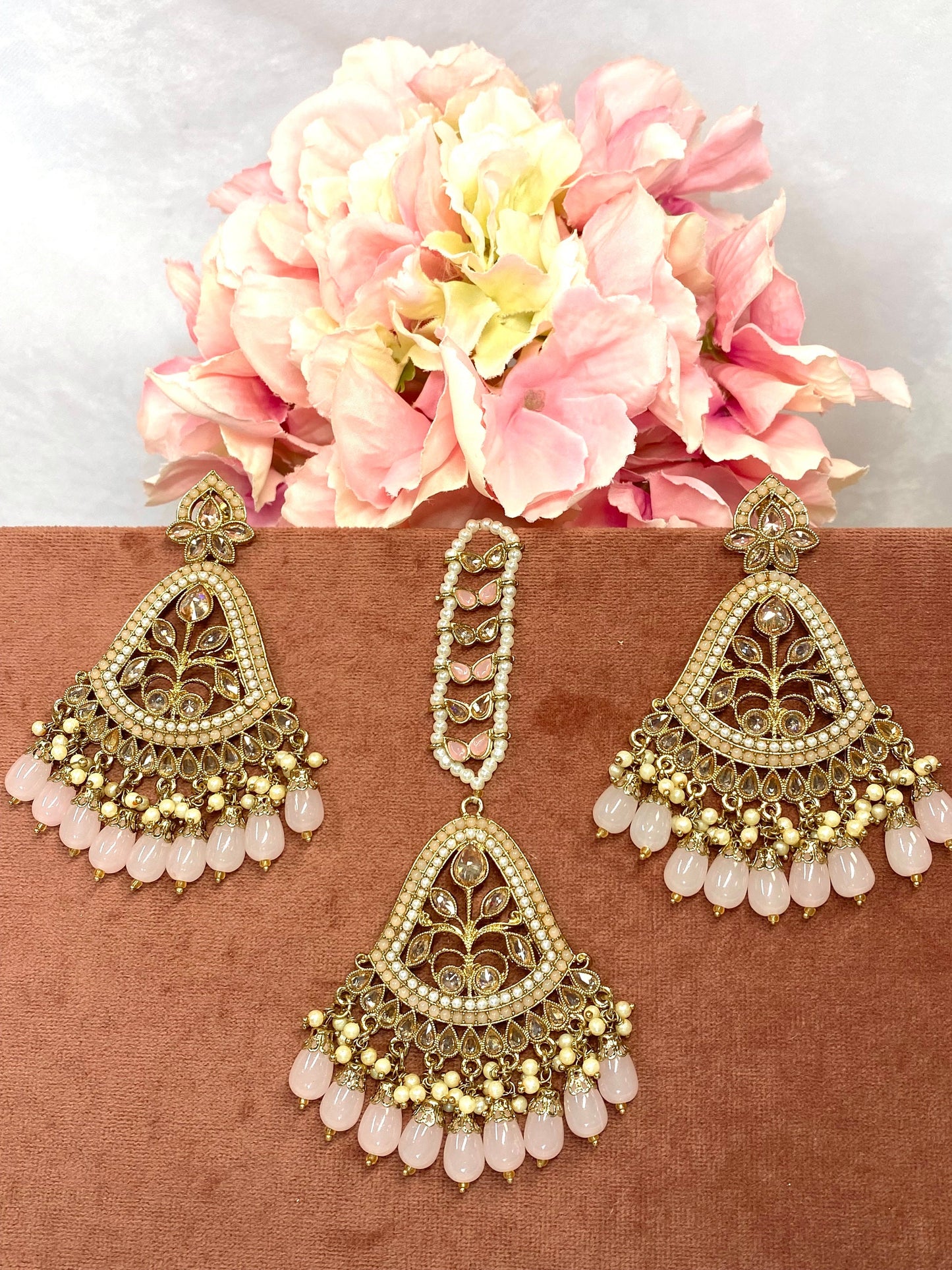 Large Earring and Tikka Set- Light Pink/Flat Earring Indian/ Pakistani Style