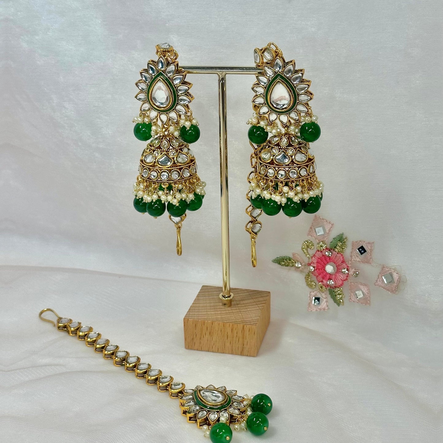 Faux Kundan Jhumka Earrings with Chains - Green