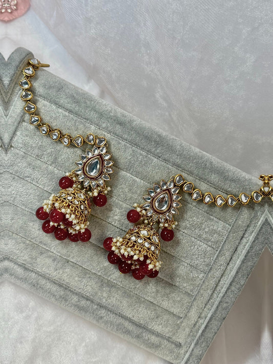 Faux Kudan Jhumka Earrings with Chains - Maroon/Meenakari/ Indian/ Pakistani Style/